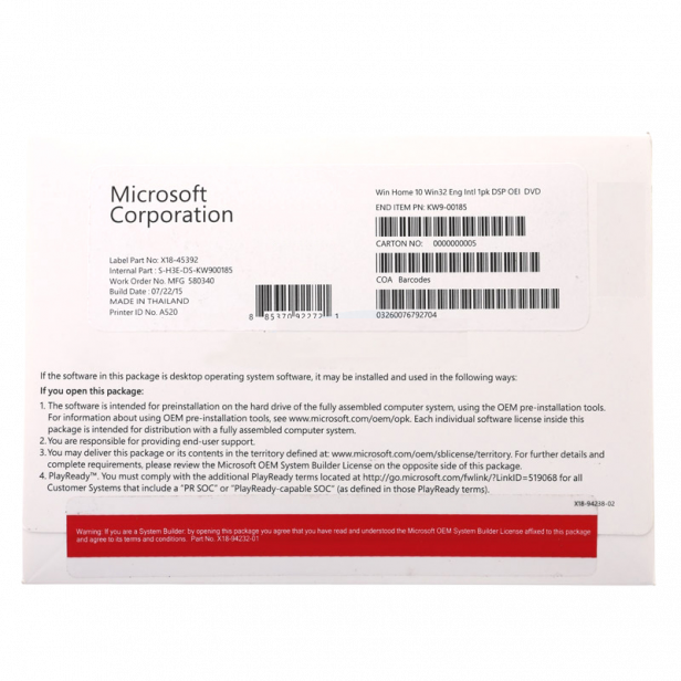 Microsoft Windows 10 Home OEI DVD x32
